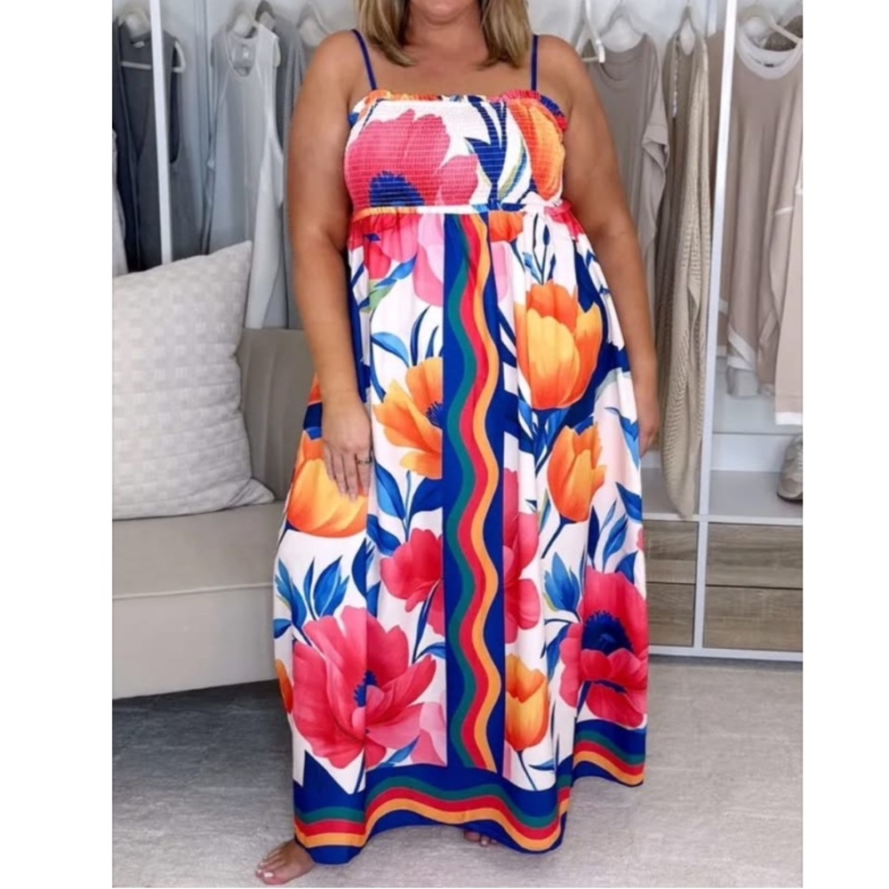 Charming Charlie Smocked Tropical Printed Spaghetti Strap Maxi Dress XXL NWT